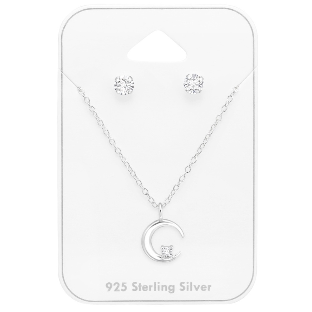Sterling Silver Clear Cz Stud With Dainty Crescent Moon Pendant Necklace